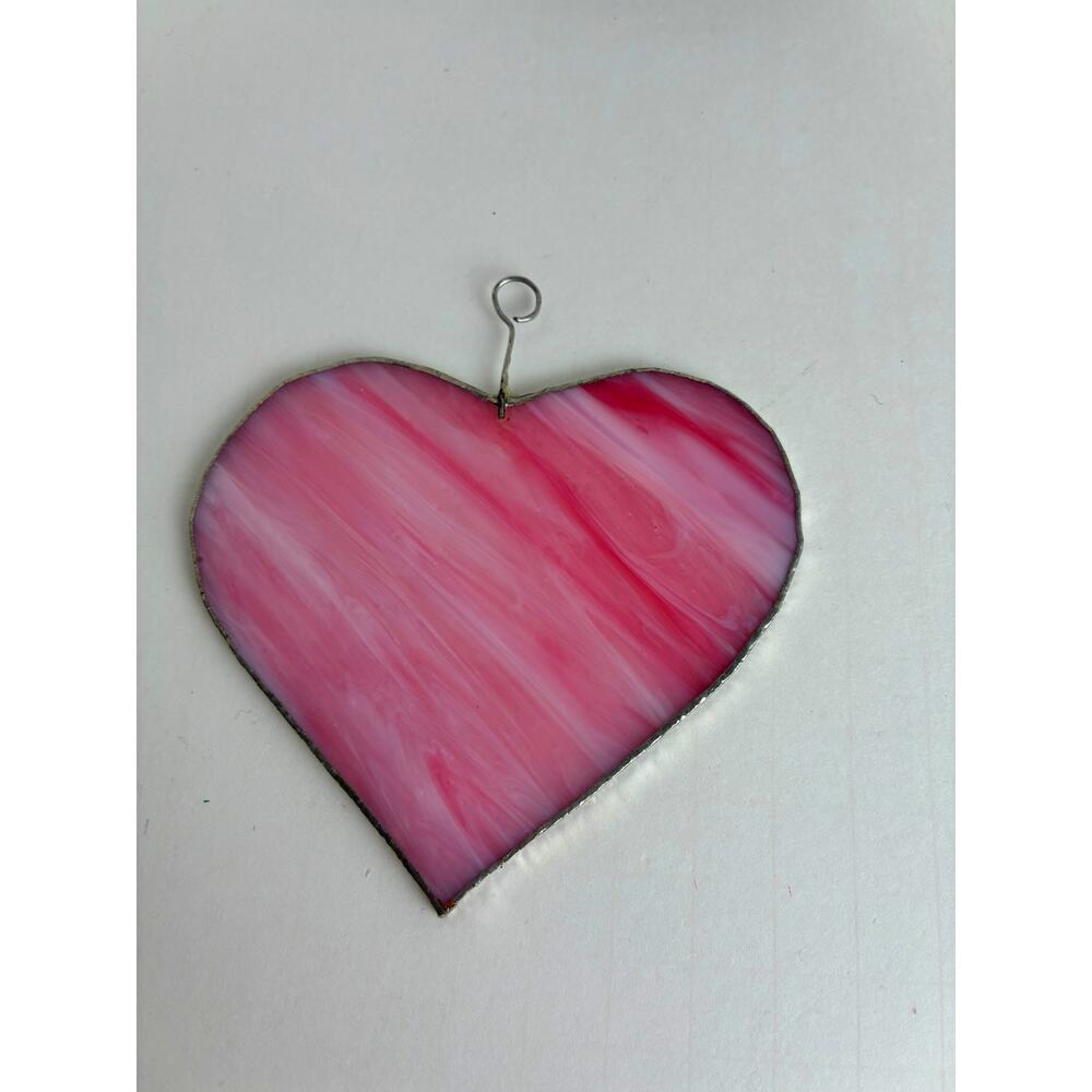 Suncatcher Window Hanging Handmade Pink White  Heart Glass 4.25 x 4 Inches